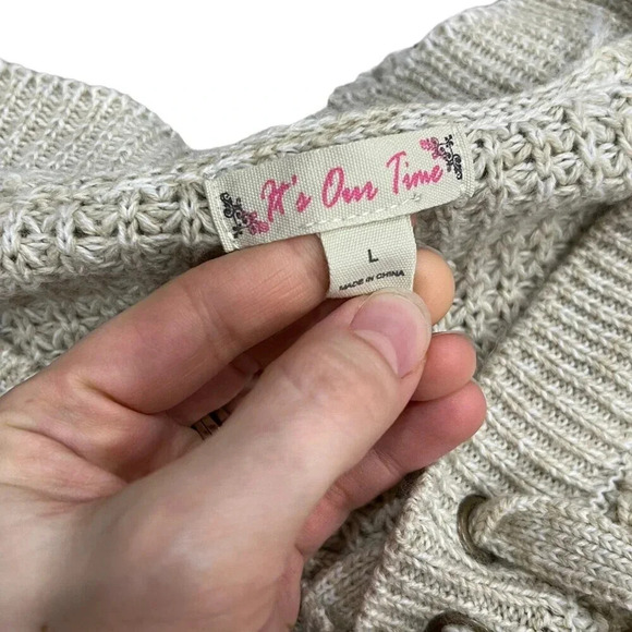 It’s Our Time Oatmeal Waffle Knit Lace Up Sweater L - Picture 3 of 3
